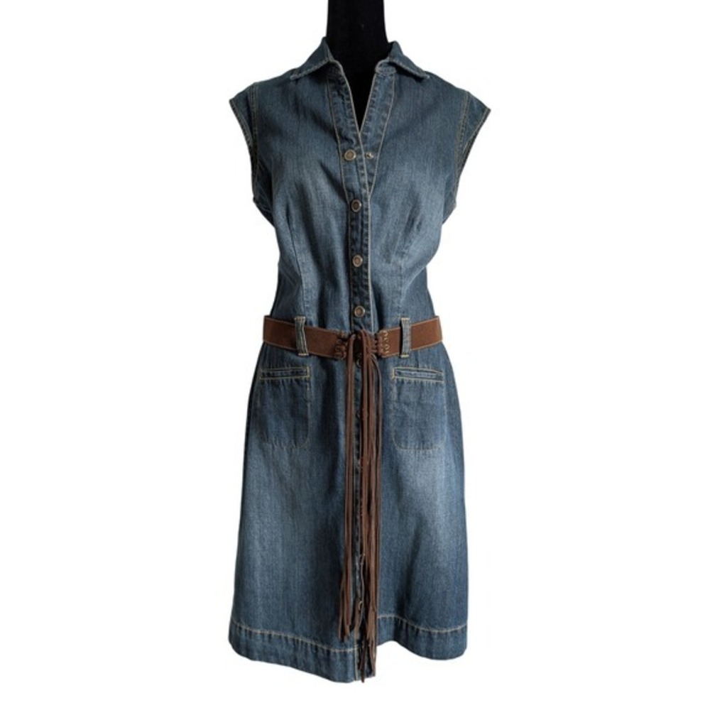Faded Glory Vintage 90s Western Indie Folk Denim Suede Fringe Belt Midi Dress